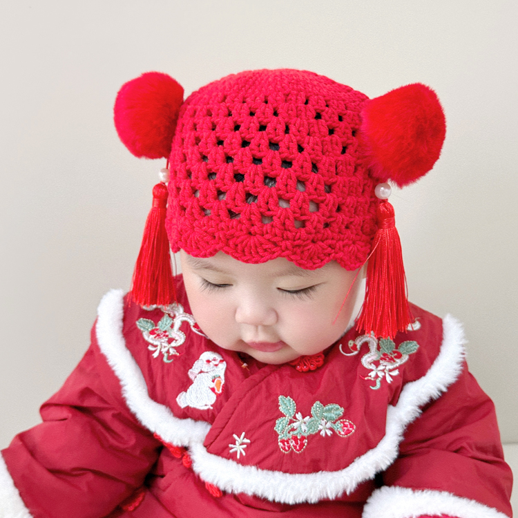 帽子秋冬婴儿中国风可爱超萌纯棉毛线小孩帽子冬款女宝宝冬天帽子