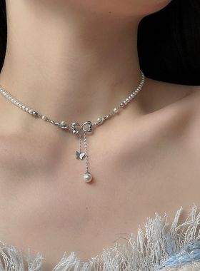 甜酷蝴蝶结珍珠项链ins风金属流苏吊坠ins冷淡设计感可叠戴锁骨链