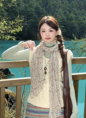 碎花棉麻丝巾女春秋新款长条细长百搭小围巾复古文艺韩系时尚潮款