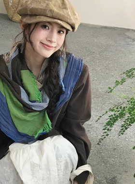 小众设计波嬉风撞色条纹棉麻围巾女秋冬百搭流苏披肩保暖褶皱围脖