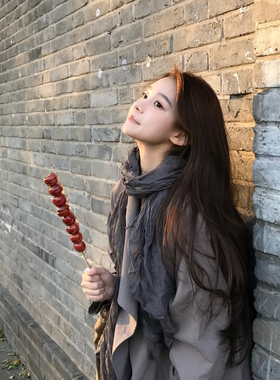 小众设计文艺复古灰色棉麻围巾女秋冬高级感氛围感丝巾披肩围脖薄