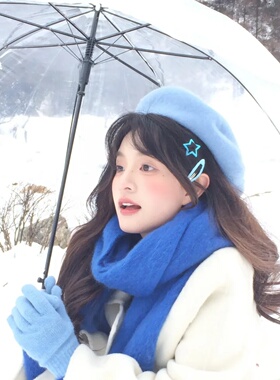 浅蓝手套女秋冬加厚保暖露指可触屏防寒纯色百搭可爱保暖针织手套
