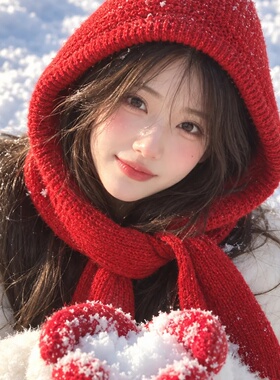 红色针织连帽女秋冬季新款加厚保暖韩版软糯百搭护颈帽子围巾一体