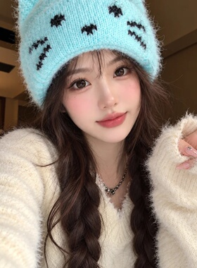 蓝色针织冷帽猫耳女秋冬加厚保暖韩版萌百搭显脸小可爱护耳毛线帽
