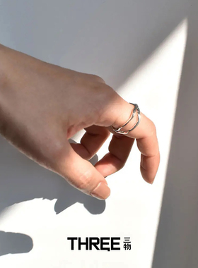 三物THREE~S925银~复古clane风冷淡风做旧交叉线条造型开口银戒指