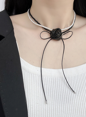 银色甜酷风锁骨链玫瑰花朵珍珠