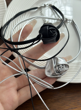 高级感系带甜酷黑色小众玫瑰项链