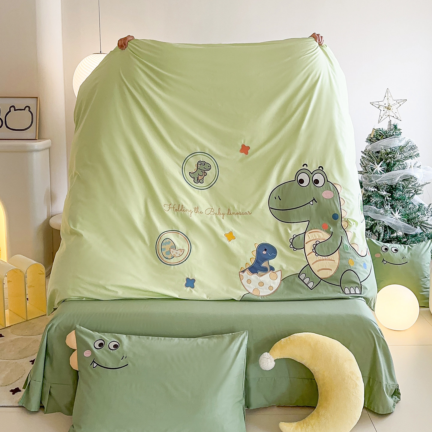 男孩儿童全棉床上用品三件套男童100纯棉卡通四件套1.5床笠恐龙绿,淘宝优惠券,粉丝福利购,淘宝优惠卷