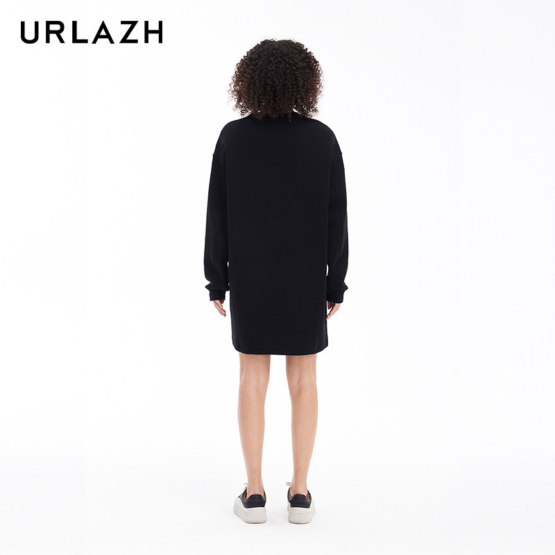 URLAZH有兰新款慵懒风简约百搭黑色宽松长袖圆领印花休闲卫衣裙,淘宝优惠券,粉丝福利购,淘宝优惠卷