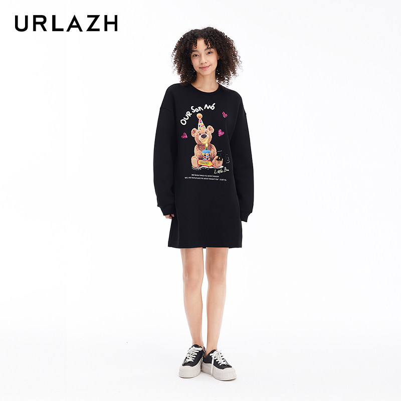 URLAZH有兰新款慵懒风简约百搭黑色宽松长袖圆领印花休闲卫衣裙,淘宝优惠券,粉丝福利购,淘宝优惠卷