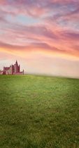 High-end Photographic Paper Magazine Portrait Writing Real Movie Curtain live background Paper Pink Pink Sky Grass Sunset Castle