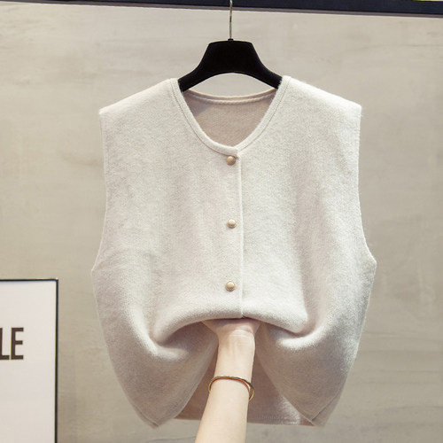 圆领短针织开衫马甲背心女2025秋冬新款宽松外穿马夹叠穿毛衣坎肩 - 图1