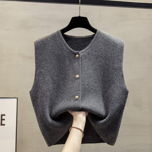 圆领短针织开衫马甲背心女2025秋冬新款宽松外穿马夹叠穿毛衣坎肩 - 图0