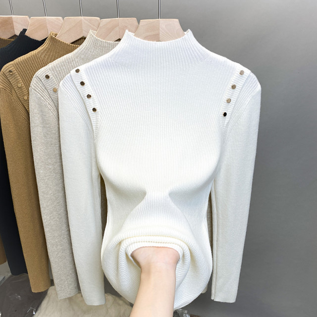 Beaded Half Turtleneck Sweater Women's Pullover Slim Fit Bottoming Shirt