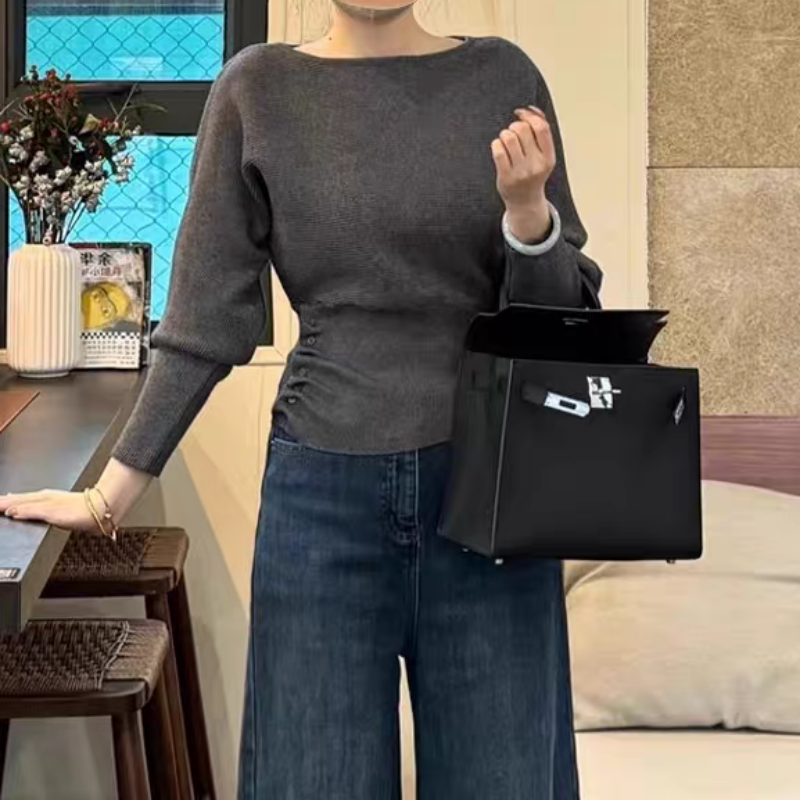 韩系掐腰一字肩毛衣针织衫女秋冬2025新款内搭设计感独特别致上衣,淘宝优惠券,粉丝福利购,淘宝优惠卷