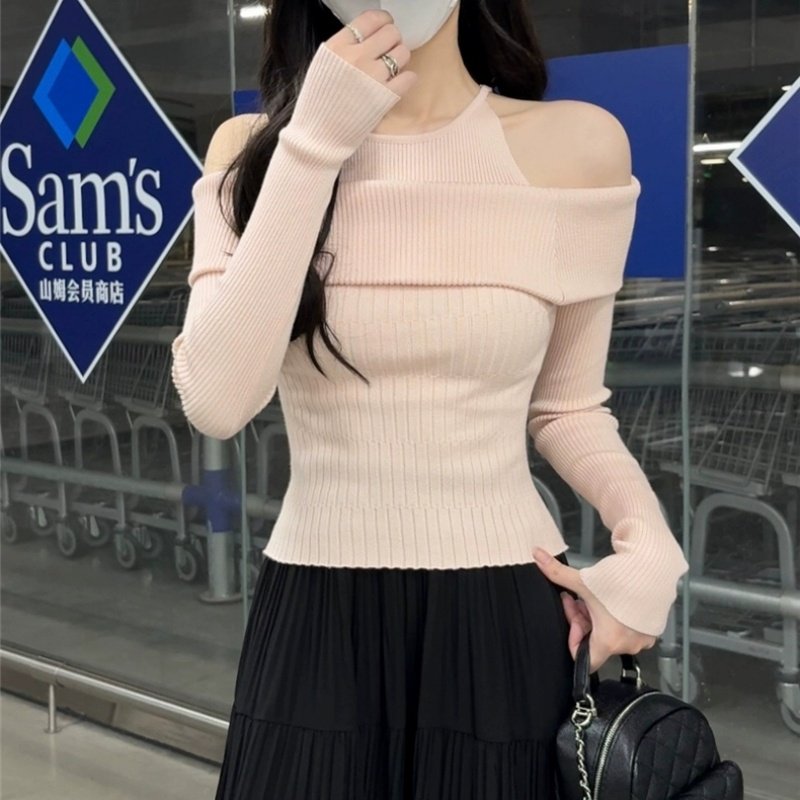 秋冬温柔假两件露肩一字肩针织上衣女纯欲甜美粉色修身打底衫毛衣,淘宝优惠券,粉丝福利购,淘宝优惠卷