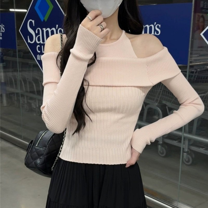 秋冬温柔假两件露肩一字肩针织上衣女纯欲甜美粉色修身打底衫毛衣,淘宝优惠券,粉丝福利购,淘宝优惠卷