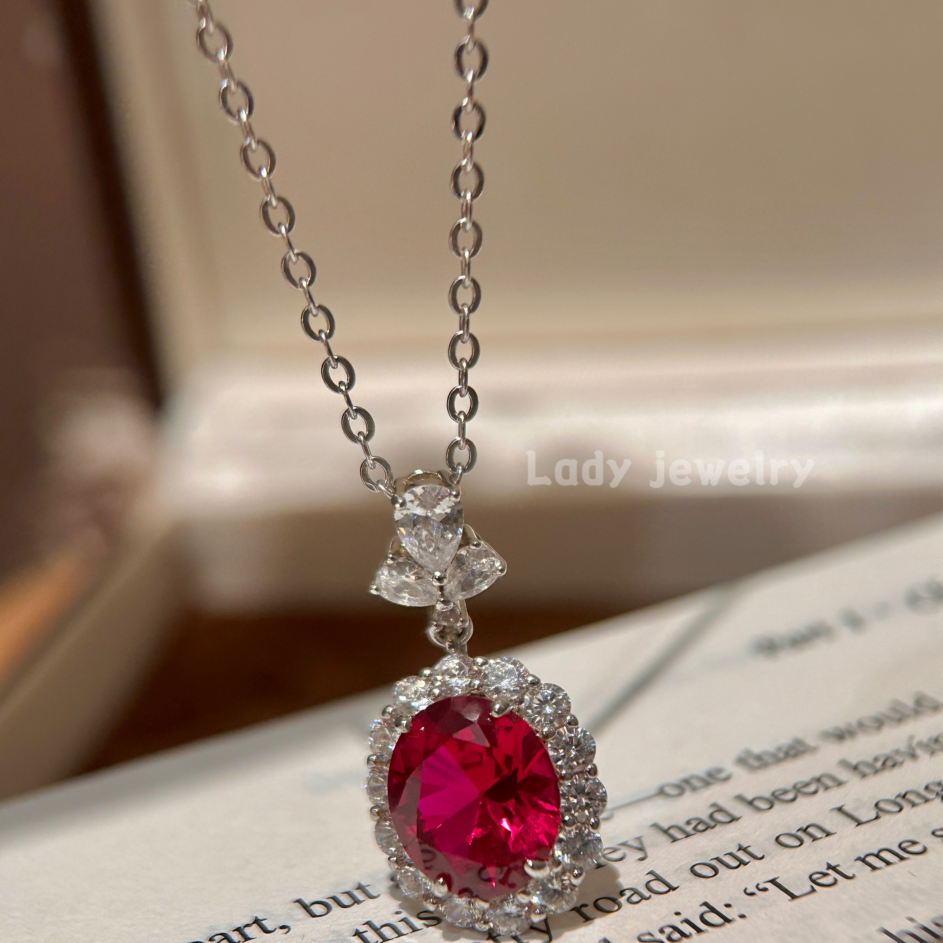 蕾迪高定单吊坠s925银波光粼粼 红宝六克拉吊坠项链 - 图1
