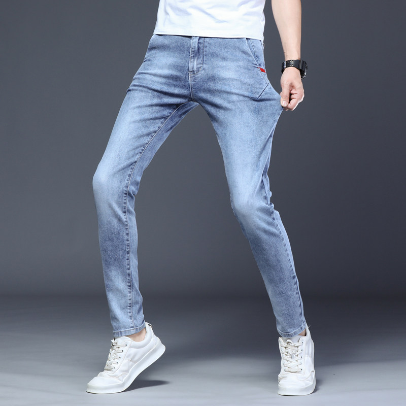 夏季薄款高弹力修身小脚牛仔裤男青年浅蓝色弹性显瘦长裤子潮男装