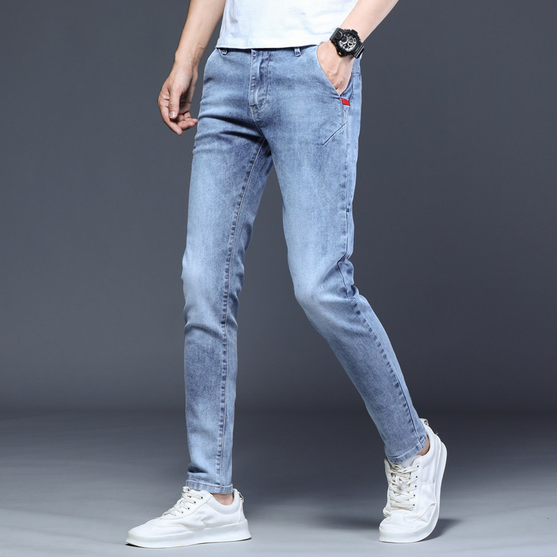 夏季薄款高弹力修身小脚牛仔裤男青年浅蓝色弹性显瘦长裤子潮男装