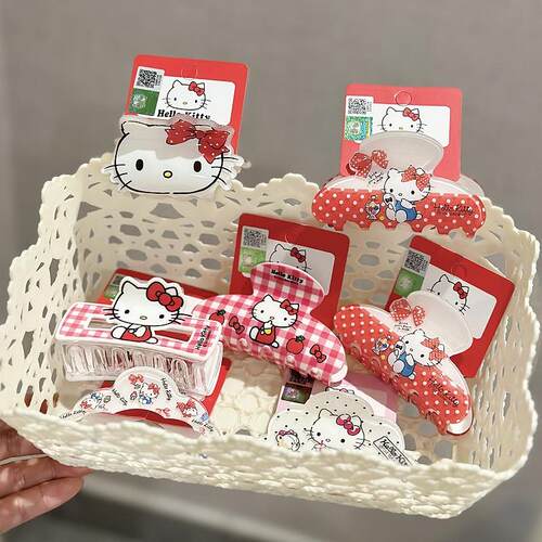 正版三丽鸥波点红色抓夹子kitty猫甜美蝴蝶结发抓少女洗澡鲨鱼夹 - 图3