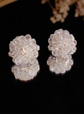 S925银针超仙耳钉白水晶花球耳环