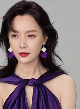 纯银勾喜庆红色耳饰精致满钻菱形拼接紫色圆片耳环女复古显白耳坠