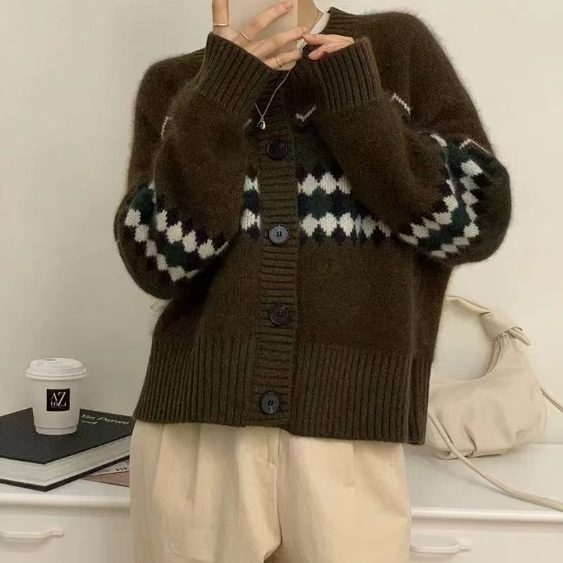 100%纯羊毛开衫女2025新款秋冬圆领提花针织毛衣宽松羊绒短款外套,淘宝优惠券,粉丝福利购,淘宝优惠卷