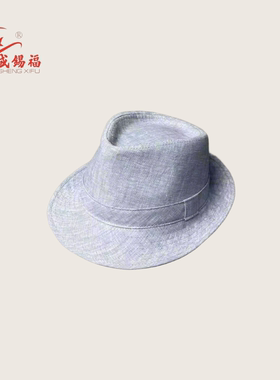 盛锡福英伦风男士蓝灰色亚麻宽檐礼帽绅士复古礼帽