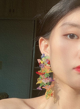 韩国春夏耳环彩色夸张花朵长款耳钉女重工编织串珠耳饰度假海边