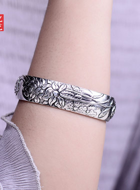 并蒂莲民族风表白银手镯送女友