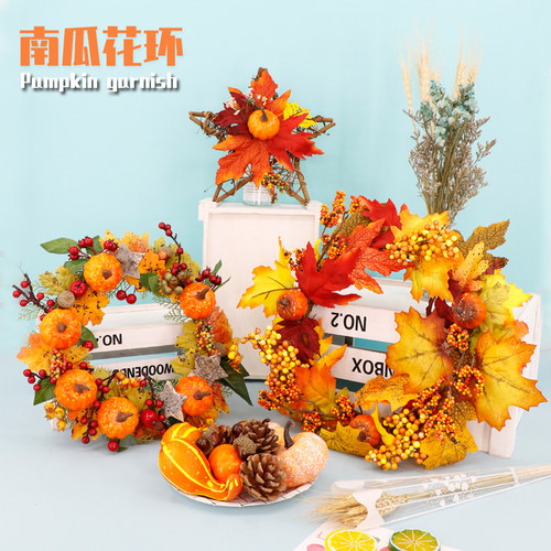 圣诞节商场乐园街区户外南瓜稻草酒桶栅栏木框枫叶花环场景装饰品 - 图1