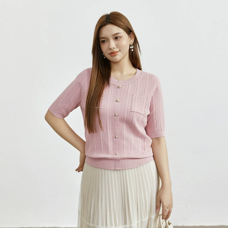 纤莉秀 Sophisticated knitted sweater with a round collar, summer clothing, plus size, western style