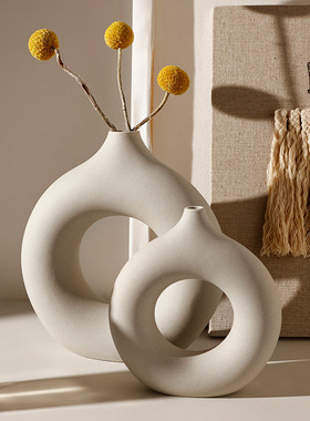 贝汉美侘寂风圆圈异形陶瓷花瓶摆件高级感客厅家居饰品创意工艺品
