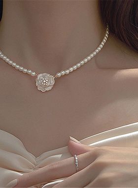 玫瑰花珍珠颈链复古小众设计感山茶花chocker项链法式仙气锁骨链