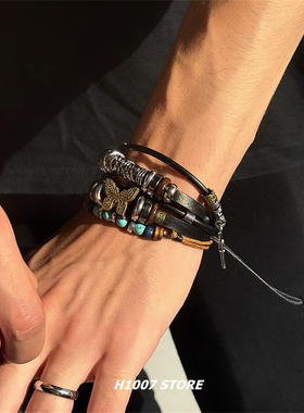 民族风皮质编织多层男款手链女生手串小众男款手绳情侣款欧美饰品