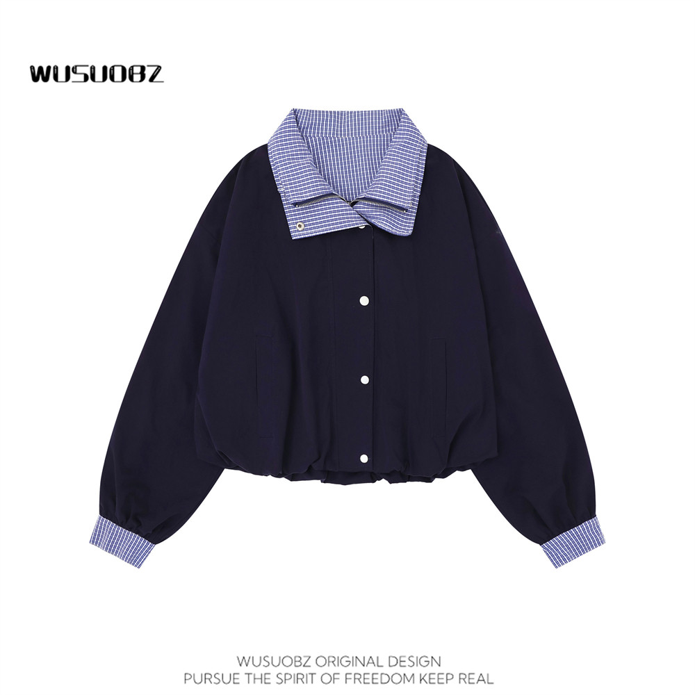 WUSUOBZ 小个子复古假两件翻领夹克女2026春秋宽松休闲短款外套,淘宝优惠券,粉丝福利购,淘宝优惠卷