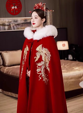 冬季汉服加绒红色长款毛披肩