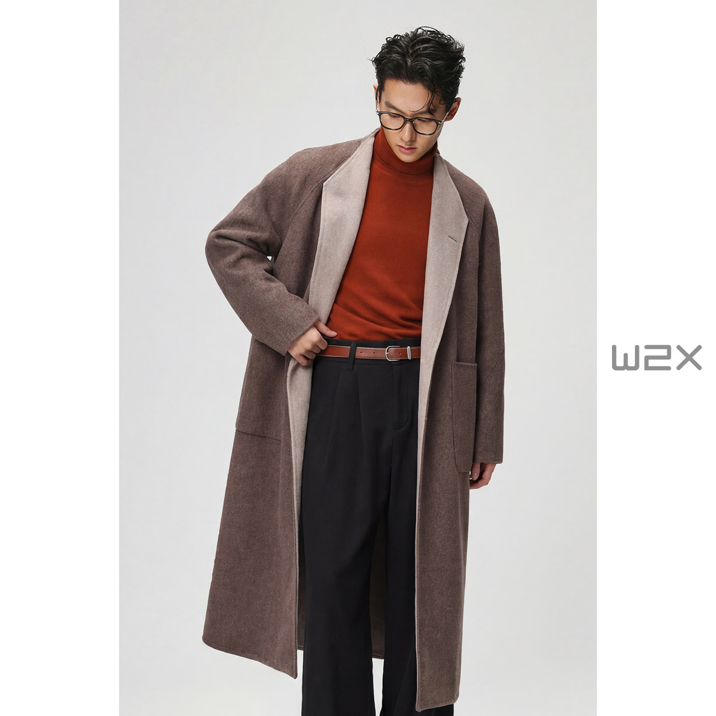 w2x冬季拼色双面羊毛呢大衣男中长款时尚设计感轻奢呢子风衣外套,淘宝优惠券,粉丝福利购,淘宝优惠卷