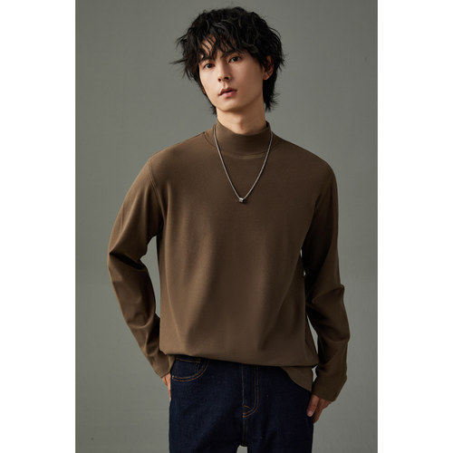 w2x秋冬季加厚双面德绒中领长袖T恤半高领纯色打底衫百搭内搭体恤 - 图1