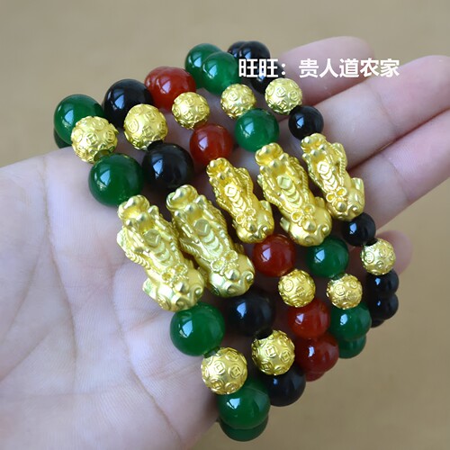 仿越南沙金貔貅手链镀金吉祥平安貔貅玛瑙黑曜石手串男女珠礼物 - 图1