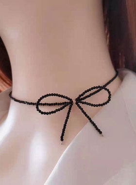 纯银极细黑色超仙森系水晶锁骨链