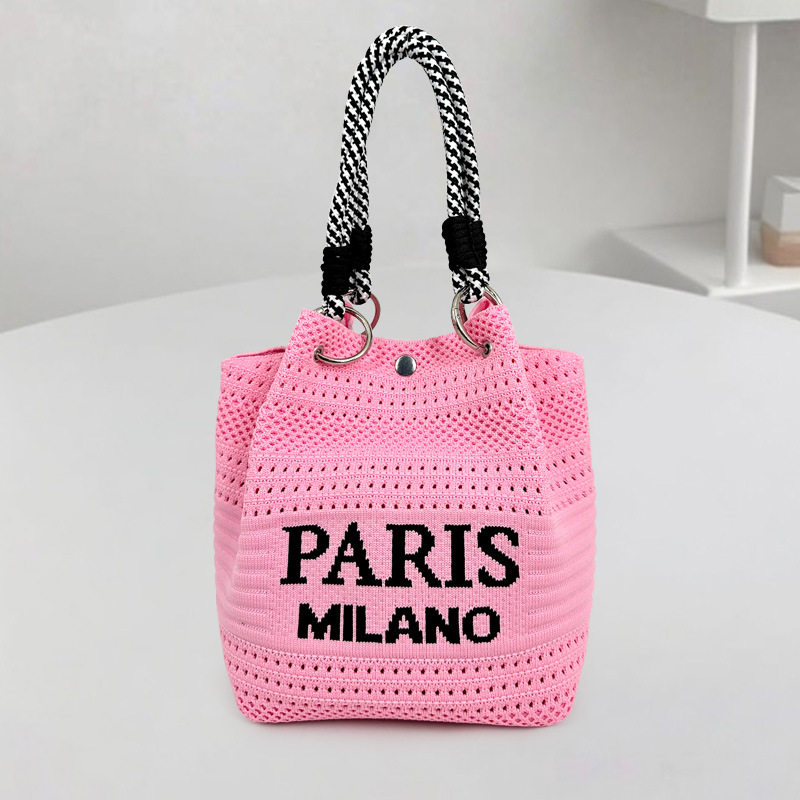 新款PARIS风小众设计针织手提包时尚白塔逛街拍照手拎包包水桶方,淘宝优惠券,粉丝福利购,淘宝优惠卷