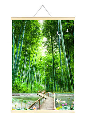 竹林小道竹子风景画玄关装饰挂画荷花绿色壁画白鸽风水墙贴图流水