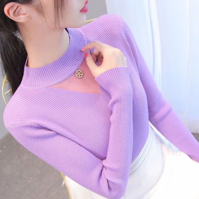 Knitted sweater spring new women's half turtleneck mesh hollow top slim tight short style inner sweater bottoming shirt