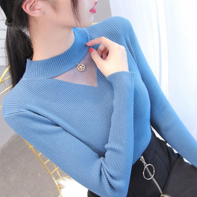 Knitted sweater spring new women's half turtleneck mesh hollow top slim tight short style inner sweater bottoming shirt