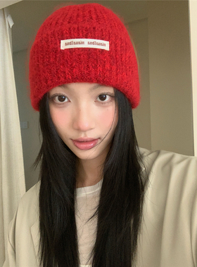 定制款~韩系氛围感字母长标显脸小毛线帽女冬大弹力针织保暖冷帽