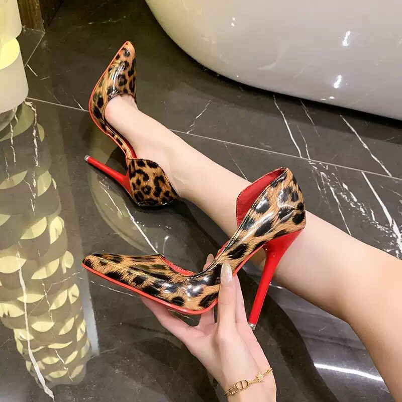 34-50 大码女鞋45网红侧空豹纹12cm红底高跟鞋44百搭红里尖头单鞋 - 图0