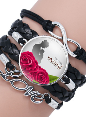 配饰 MOM爱心时光宝石多层黑色多层皮革手链 LOVE母亲节礼物