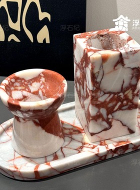 天然大理石宝格丽红托盘香薰蜡烛高级感摆件红色大理石